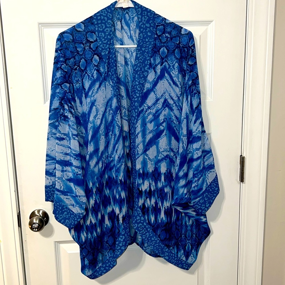 Belle by Kim Gravel Blue Abstract Print Open Front Kimono Size XL